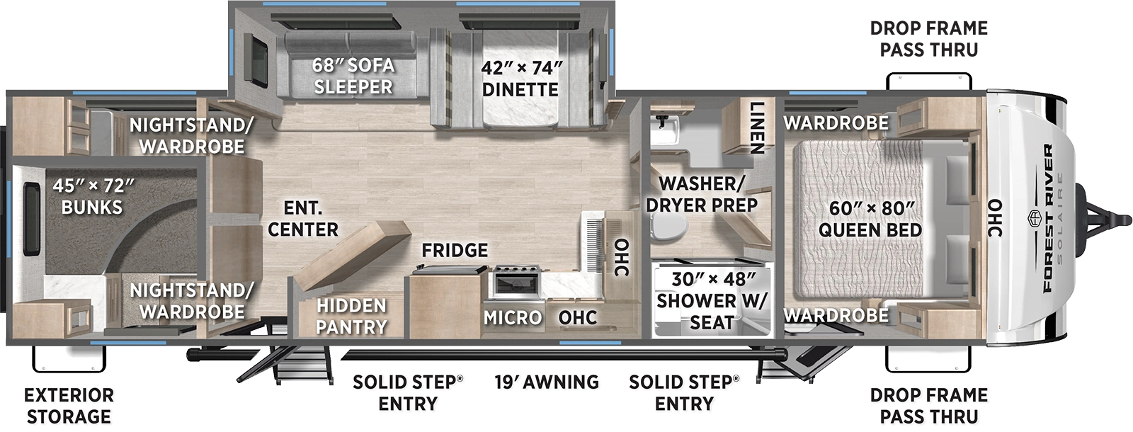 The SolAire Ultra Lite 3150TBSS floorplan has two entries and one slide out. Exterior features include: fiberglass exterior and 19' awning. Interiors features include: bunk beds, front bedroom and pass through bathroom.